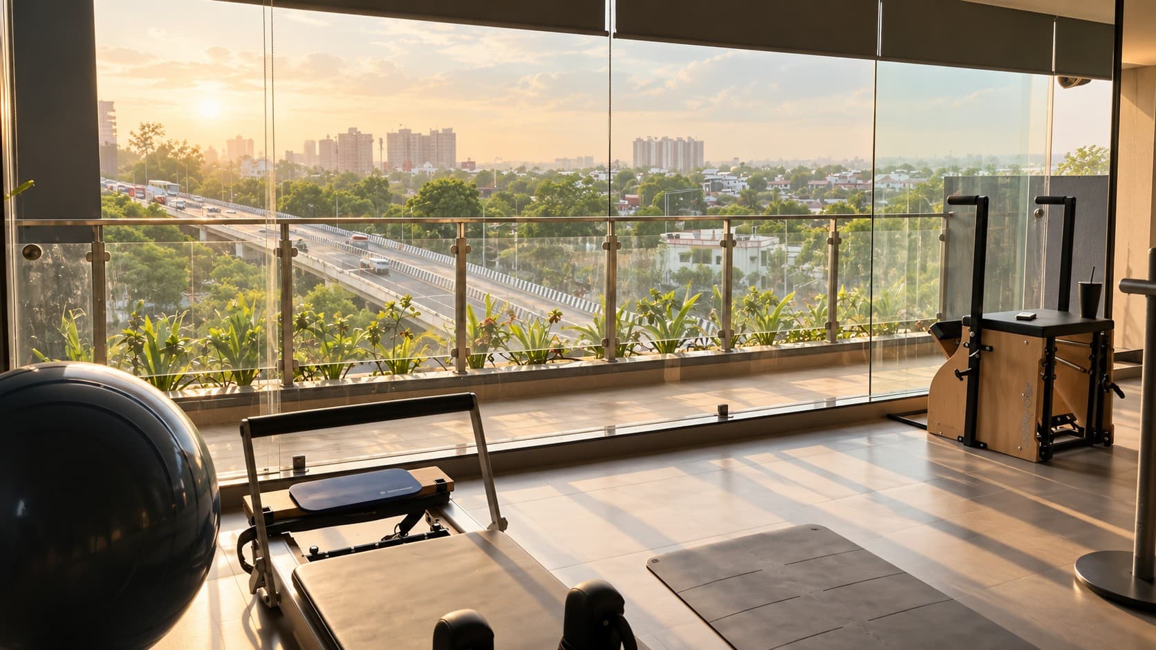 A reformer and exercise ball inside the studio at golden hour, floor-to-ceiling windows looking out over the city skyline.