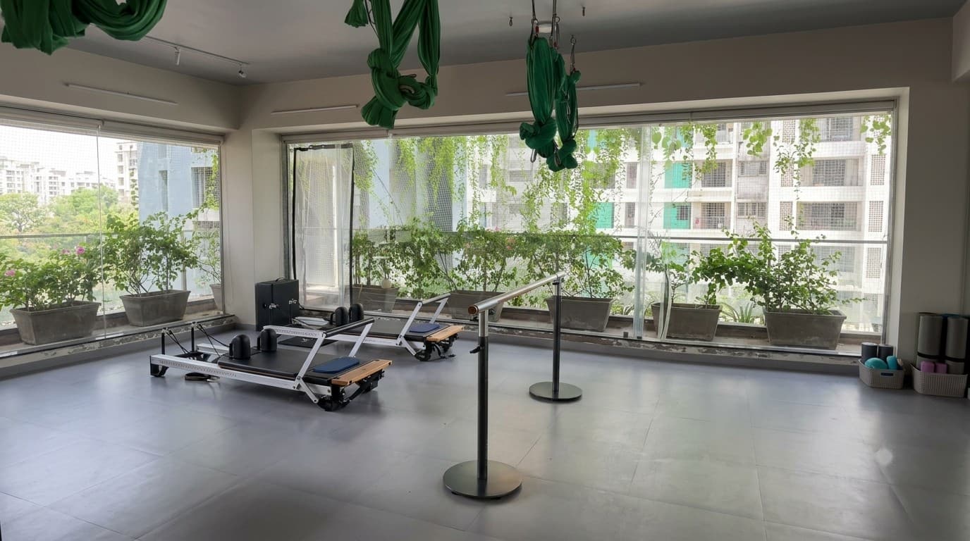 The empty studio floor with reformers and green aerial silks hanging from the ceiling, potted plants along the window line.